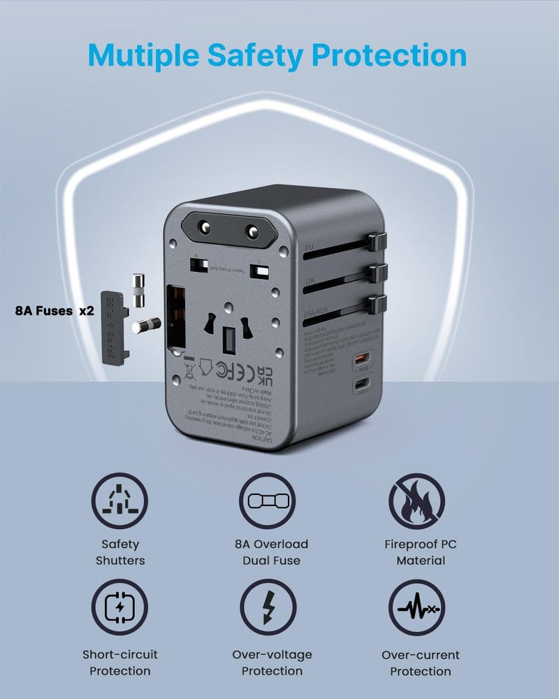 VINTAR Universal Travel Adapter, 35.5W International Power Adapter with 3 USB A QC and 2 USB C PD, All in One Plug Adapter Worldwide Travel Essentials for EU/UK/USA/AUS(Type C/G/A/I), Silver - Image 5